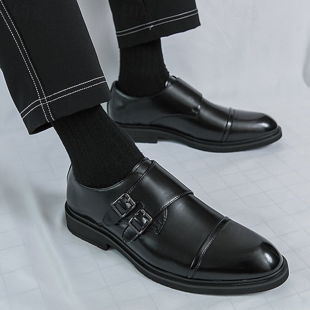 Shoes Strap Faux Men's –  Leather Double Monk Brown