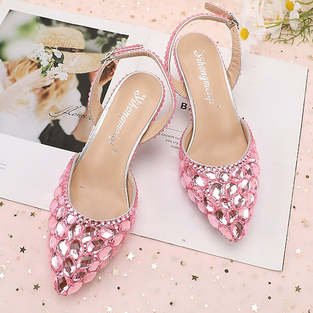 High Rhinestone Slingback Heels Pointed-Toe Women's Crystal