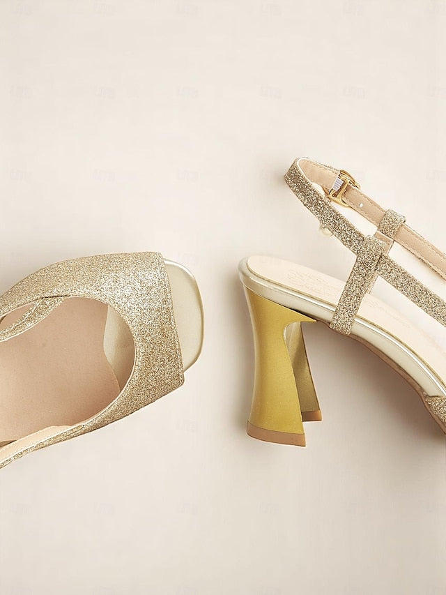 Glitter Slingback Sparkly Open-Toe Heels - Women's Gold
