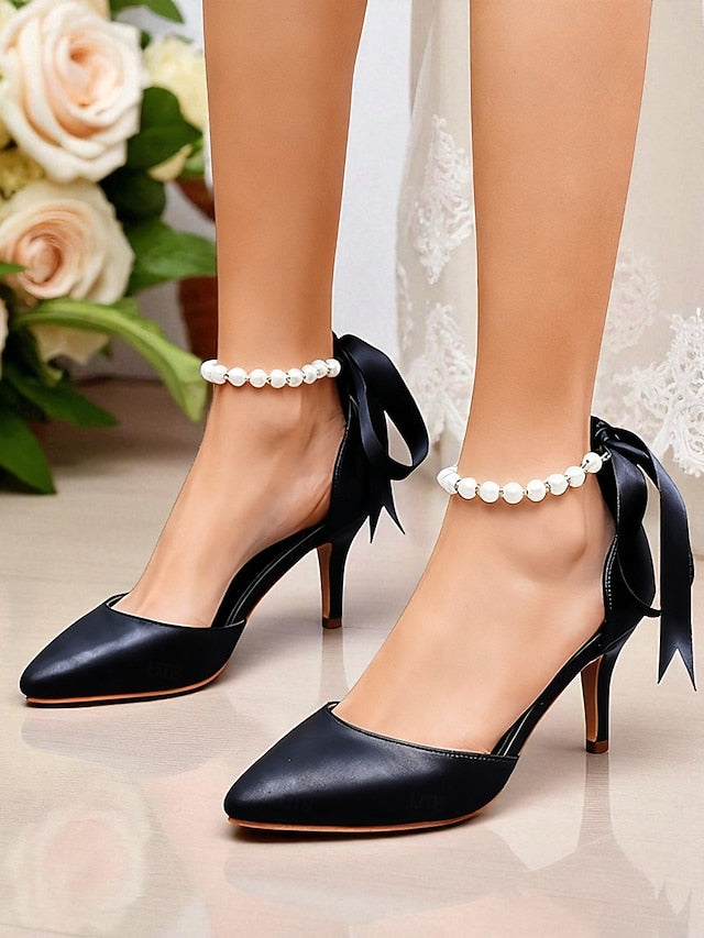 Ankle Bow Heel Pearl Women's Pumps Strap - Blue Kitten with