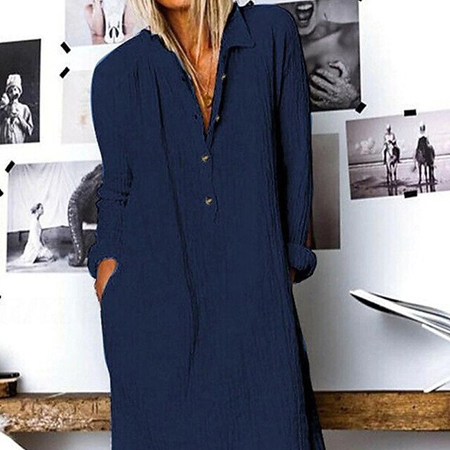 Women's Midi Dress Faux Cotton Linen Shirt Dress Casual