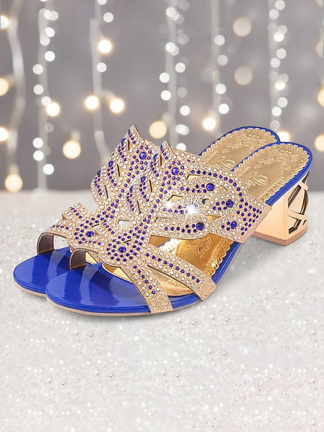 - Rhinestone and Heeled Embellished Sandals Gold Green