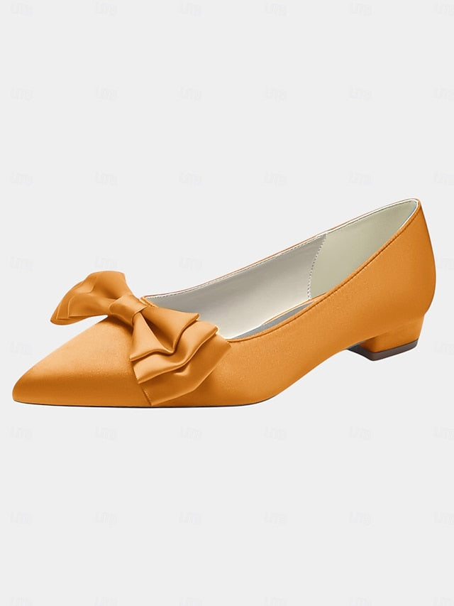 Green Bow Elegant Pointed Toe - Satin Flats Women's