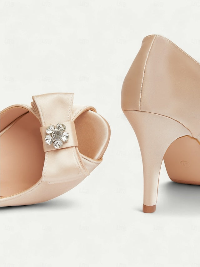 and Women's Champagne Heels with Bow Peep Satin Toe