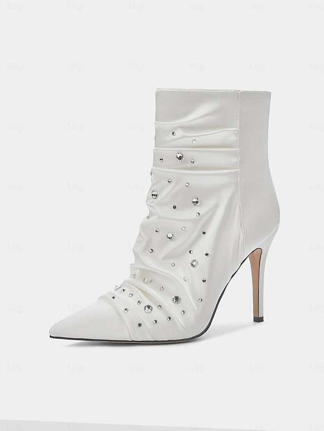 with Satin Women's White Rhinestone Ankle Boots