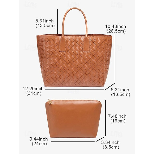 Woven Leather and – Brown Tote Women's Stylish Bag