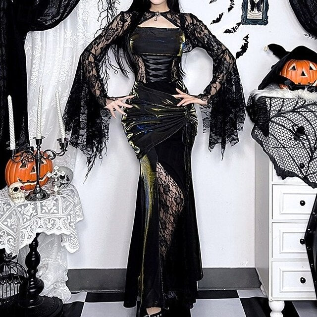 Gothic Maxi Dress Shrug Top Bell Sleeve Witch Morticia Addams