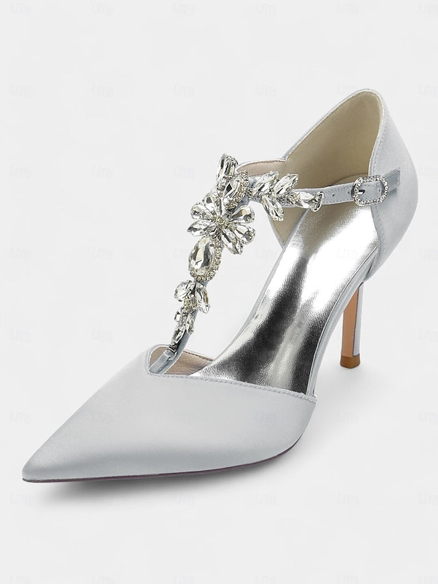 – Heels Satin Women's T-Strap Navy Blue Pointed Toe