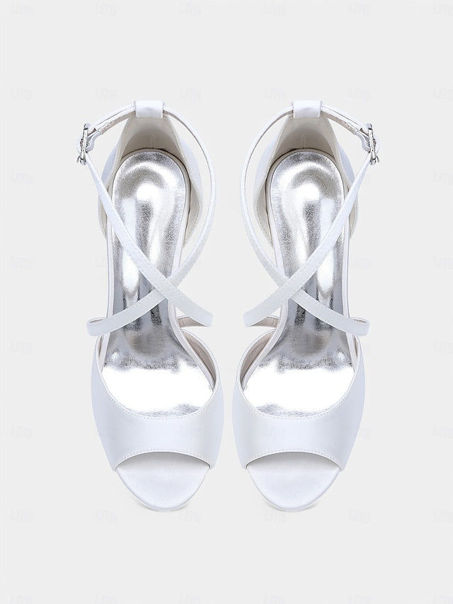 Satin Peep-Toe Heels – White Women's Cross-Strap Elegant