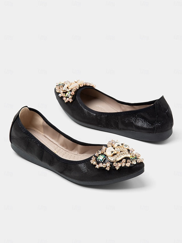 Women's Foldable Flats Rhinestone Black Ballet with
