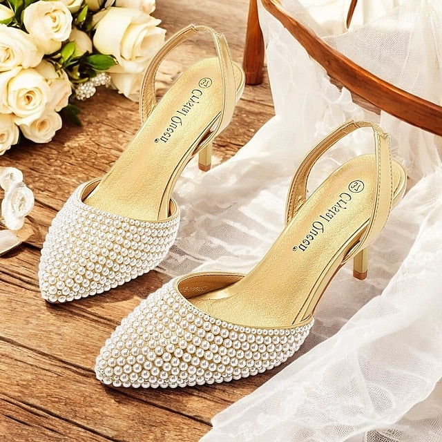 Heels Women's Slingback Embellishments with White – Pearl
