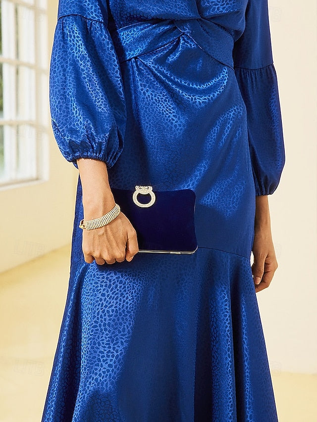 Blue Velvet Women's Clutch with Rhinestone Ring Elegant Bag