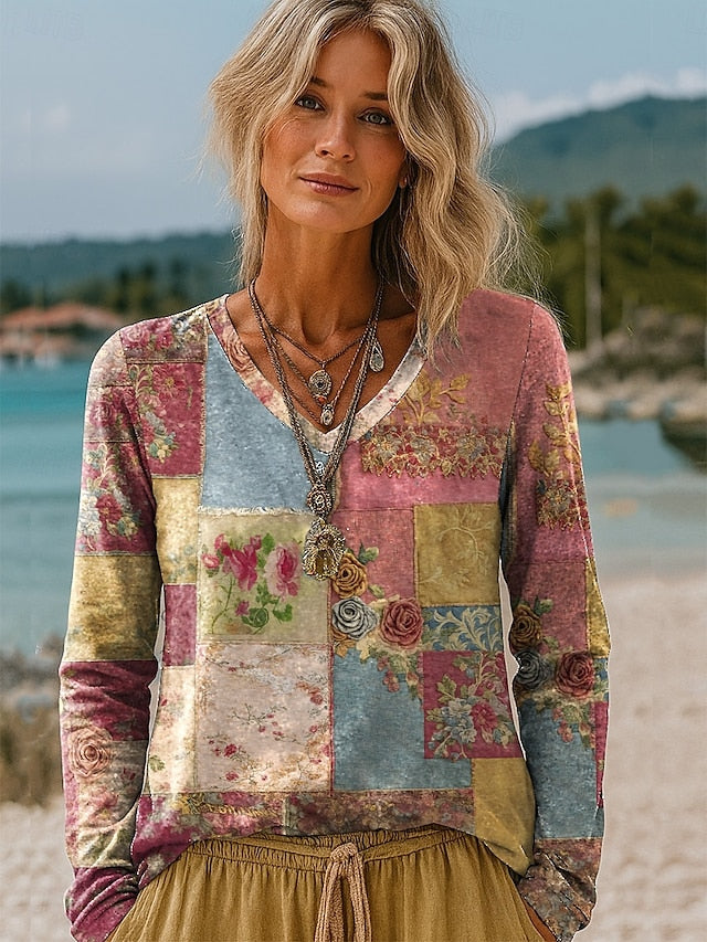 Women's T shirt Long Sleeve Floral Graphic Plants Vintage