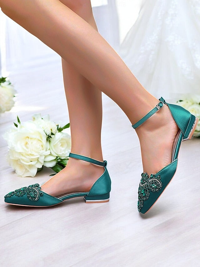 Pointed-Toe – Embellished Vintage Green Flats Style Gemstone