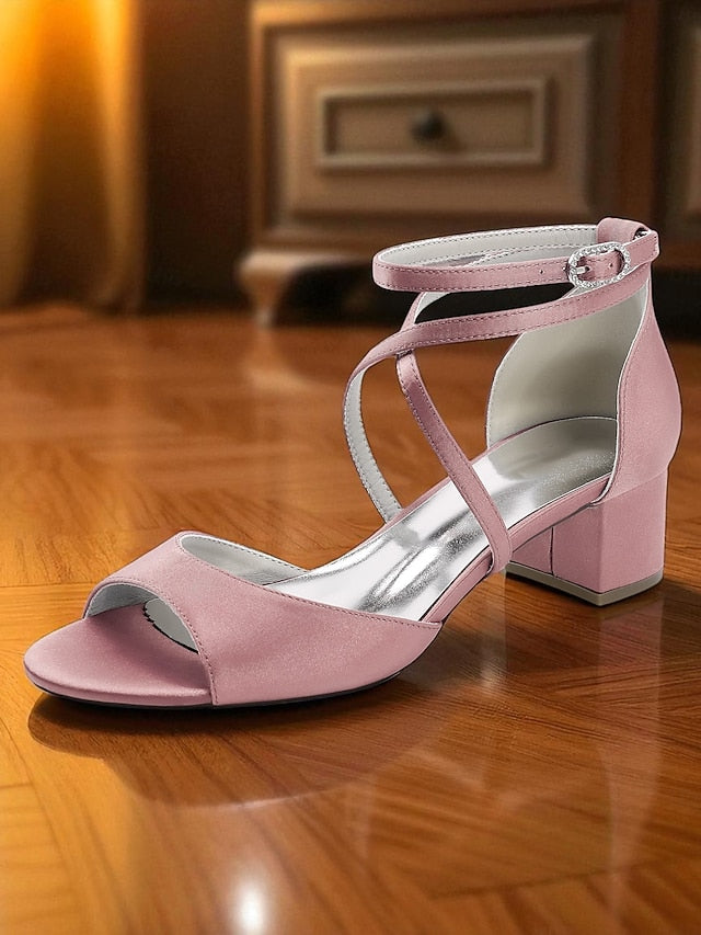 Ankle Strap Satin - with Block Heel Sandals Elegant Women's