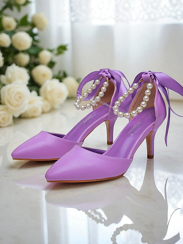 Ankle Bow Heel Pearl Women's Pumps Strap - Blue Kitten with