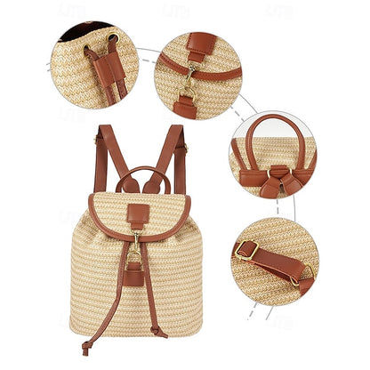 Women Backpack Straw for – Boho Rattan Travel with Woven Bag