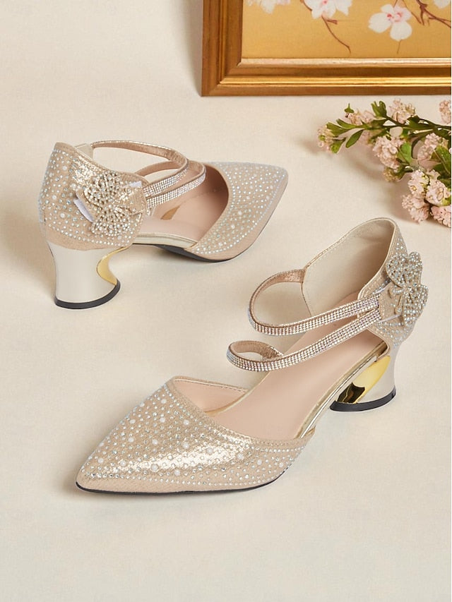 Strap Ankle Pointed Heel Low Women's Rhinestone Toe Glitter