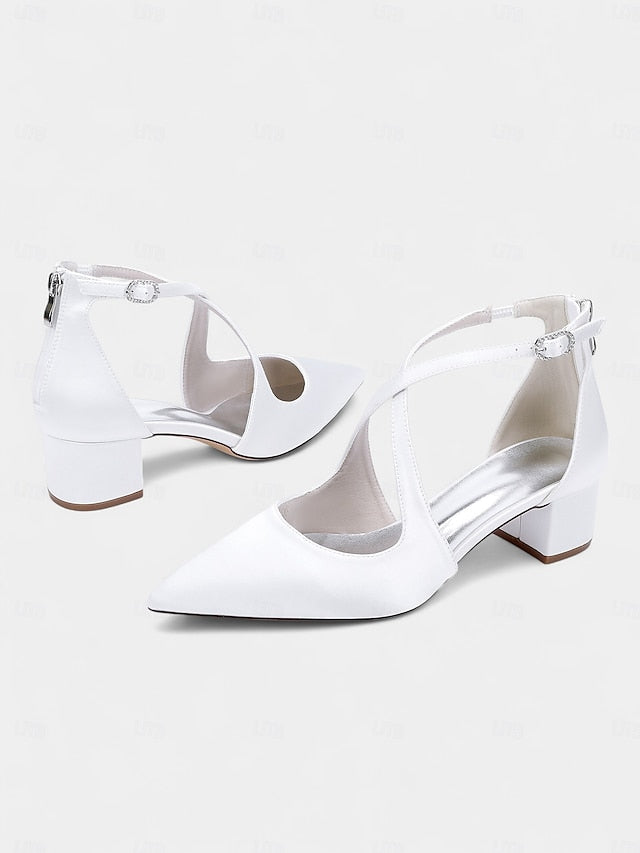 Elegant Heels Satin Toe Block Ivory Pointed Women's -