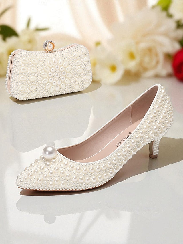 Matching Heel Pumps Kitten and Women's Pearl-Embellished
