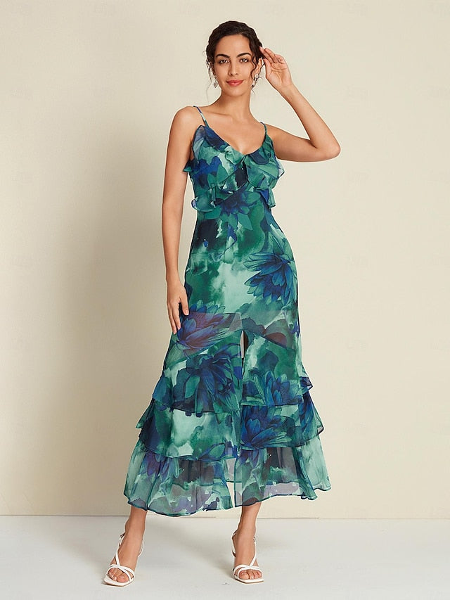 Chiffon Wedding Guest Floral Ruffle Split Ends Sleeveless Maxi