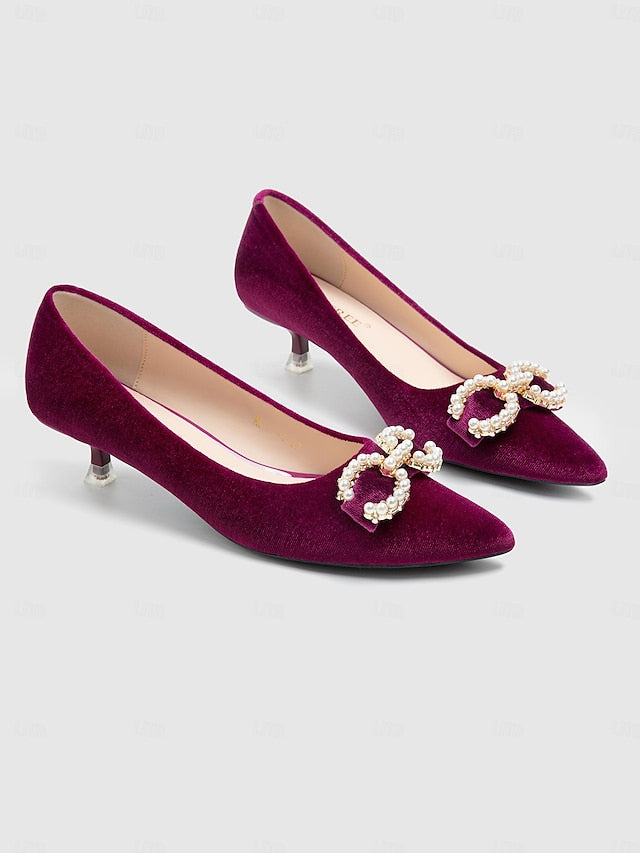 Bow Velvet Pumps with Burgundy Heel Women's Pearl - Kitten