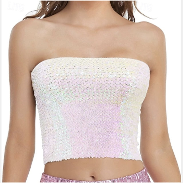 Retro Vintage 1980s Shiny Metallic Tube Top Disco Sequins Solid