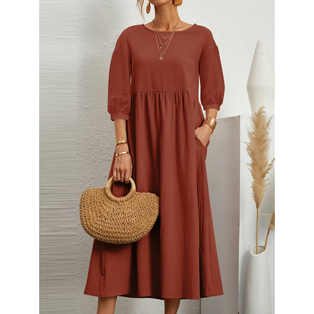 Women's Blue Black White Summer Spring Midi Dress Faux