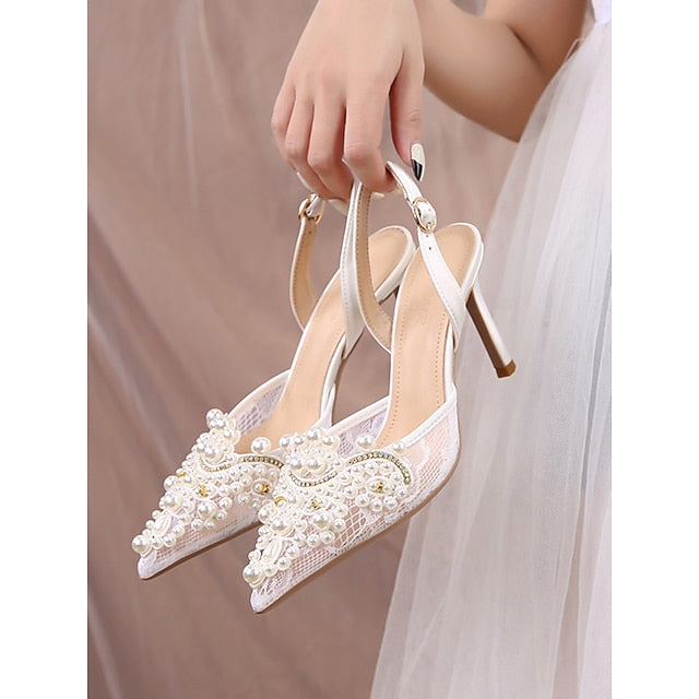 Pearl-Embellished Kitten Pointed-Toe with White Slingback Heel