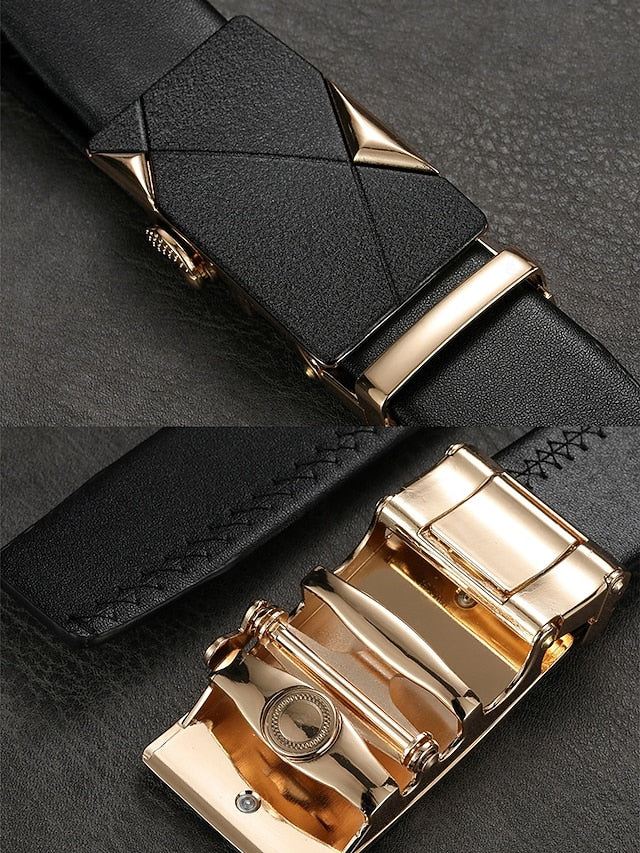 Men's Belt with Leather Adjustable Black Elegant Metal