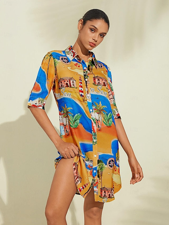 Satin Coastal Map Graphic Print Mini Dress