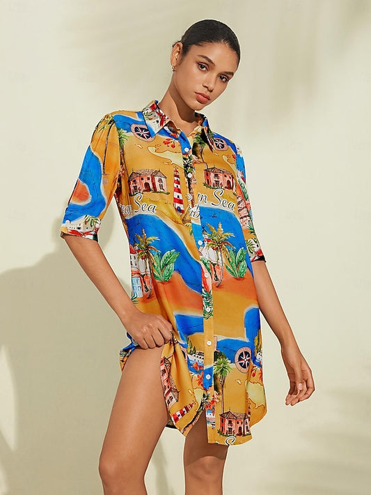 Satin Coastal Map Graphic Print Mini Dress