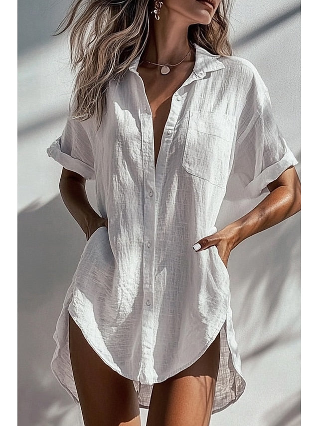 Women's Shirt Cotton Blend Button Up Blouse Plain Basic