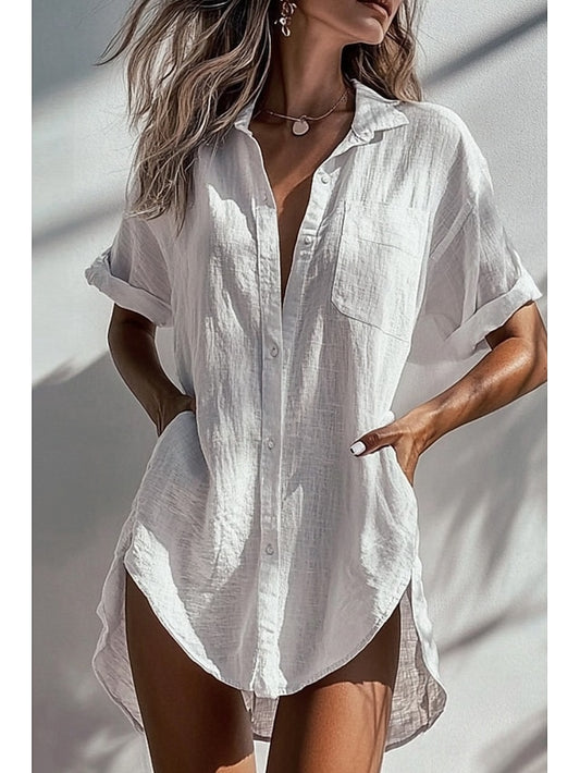 Women's Shirt Cotton Blend Button Up Blouse Plain Basic