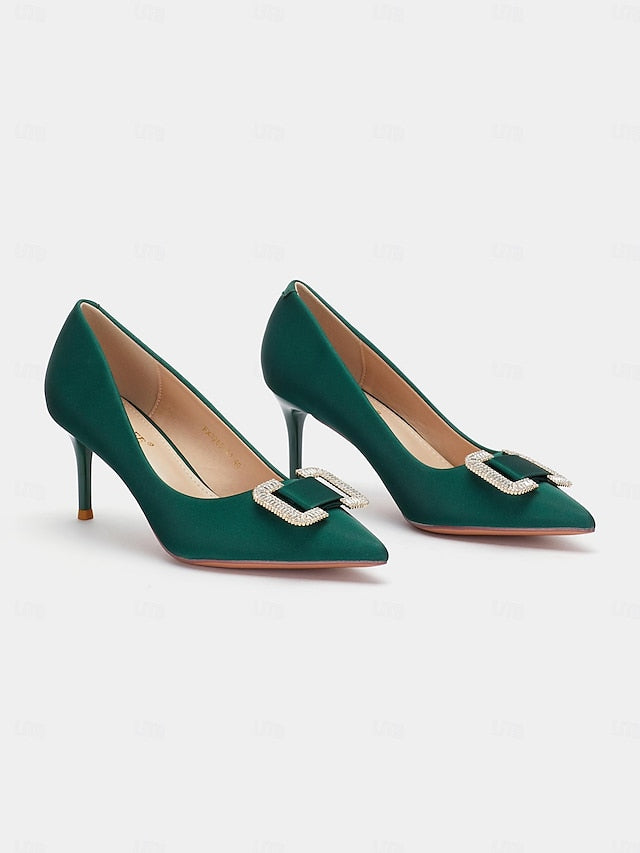 with for Buckle Women: Green Pumps Elegant Rhinestone Satin