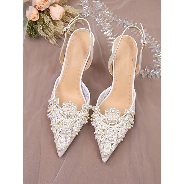 Pearl-Embellished Kitten Pointed-Toe with White Slingback Heel