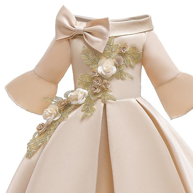 Formal Sleeve Party 3/4 Floral Kids Dress Length Girls'