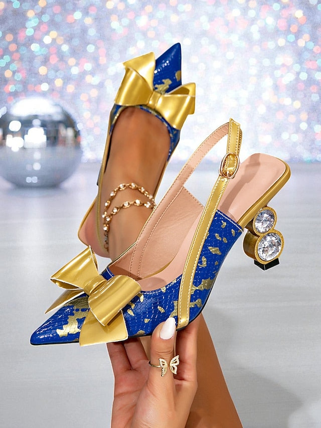 Pumps Heel Women's Slingback Gold - Bow and High Blue