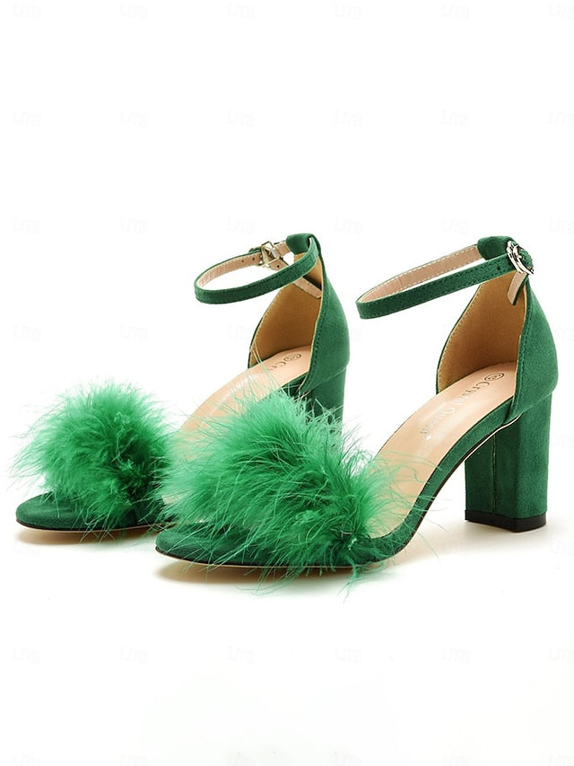 Women Sandals Heel for Wedding Feather-Embellished Block –