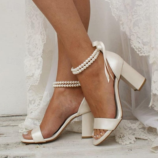 with Heels Anklet Satin Block Sandals White Wedding - Pearl and