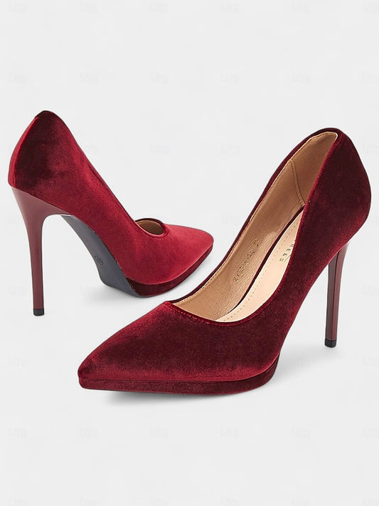 and Stiletto Burgundy Women's Pumps Velvet with Heel