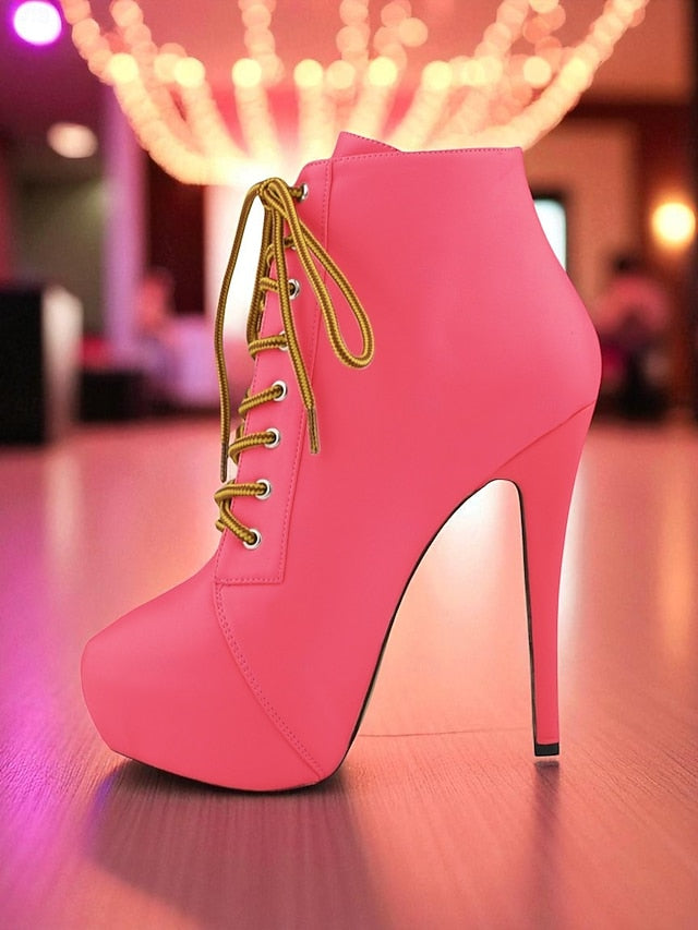 Beige Faux Lace-Up Women's Leather - Platform Boots Ankle