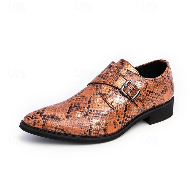– Men Monk Classic Shoes Brown Strap Snake Print for Formal