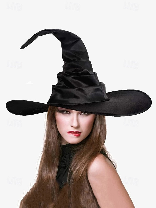 Women's Black Witch Hat with Wide Brim and Pointed Top,