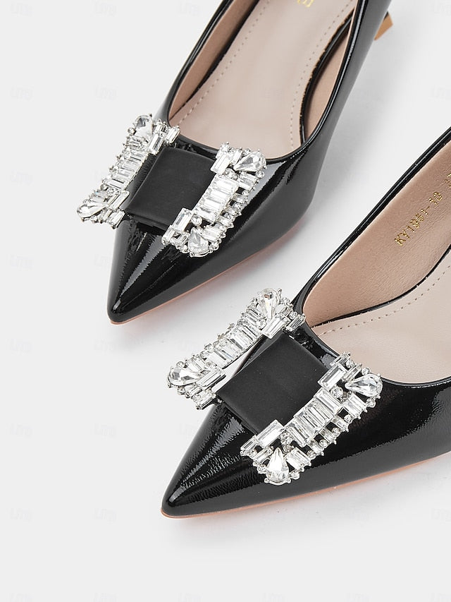 Women's Pumps Leather Crystal Embellished Patent with Black