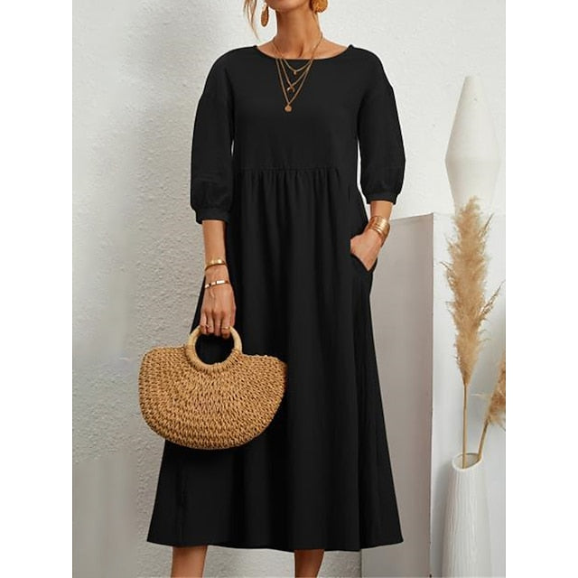 Women's Blue Black White Summer Spring Midi Dress Faux