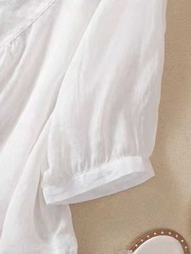 Women's Shirt Cotton Linen Shirts Blouse Solid Color Basic