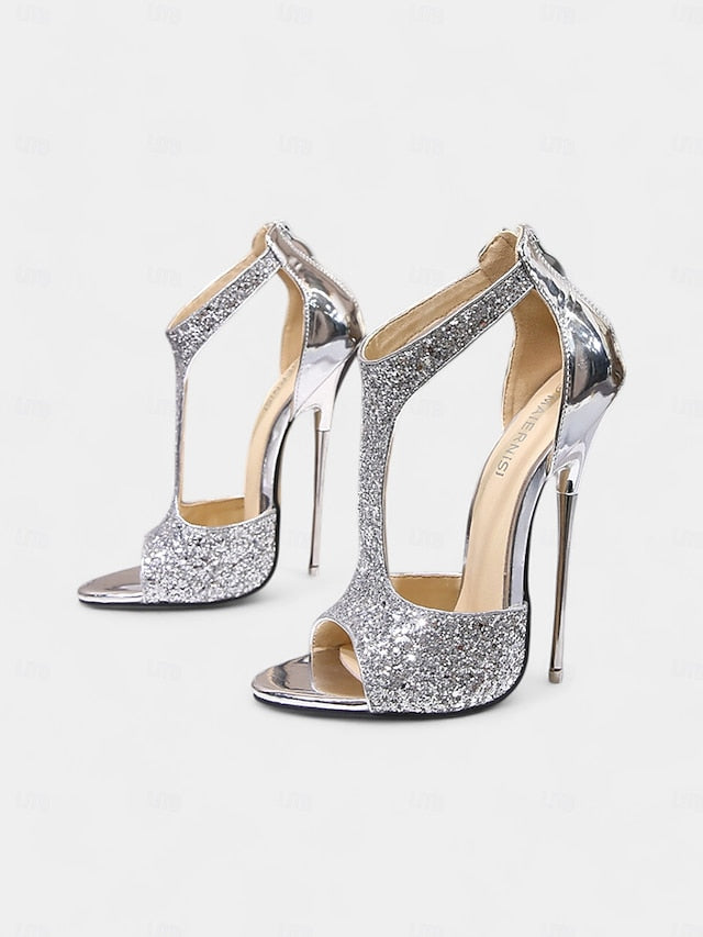and Design for Glitter Open Toe Gold T-Strap Heels Stiletto with