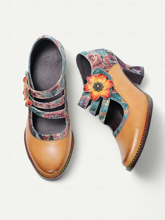 Mary Women's – Floral Vintage Leather 1930s Jane Heels