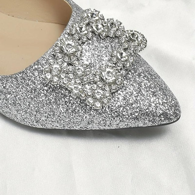 with Rhinestone Embellished Flats Women's Glitter Silver